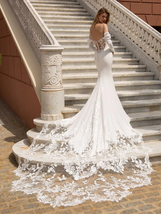 Exquisite Wedding Dress For Woman Mermaid Spaghetti Straps V-Neck Lace Applique Bride Gown Sweep Train Vestido De Customed