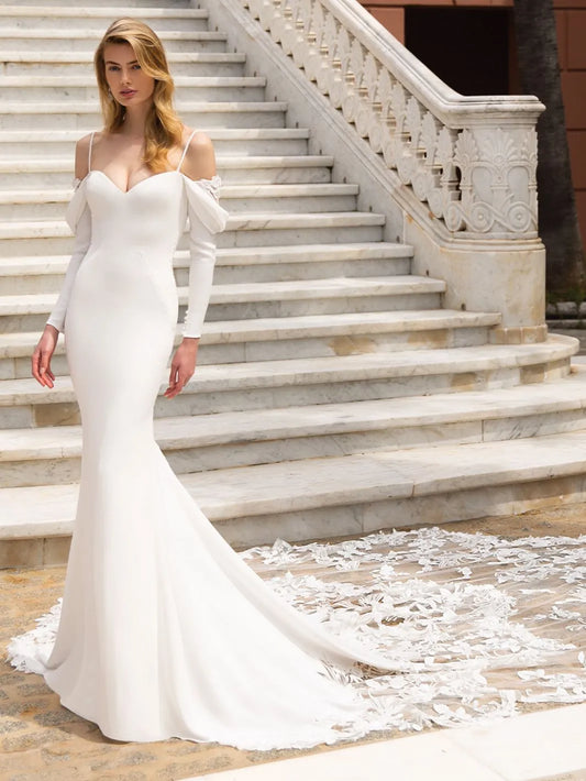 Exquisite Wedding Dress For Woman Mermaid Spaghetti Straps V-Neck Lace Applique Bride Gown Sweep Train Vestido De Customed Pink