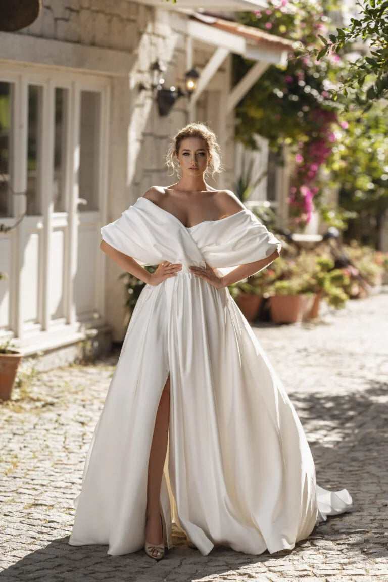 Modern A-Line Bridal Dress with Off-the-Shoulder Sleeves, Open Neckline, and Natural Waistline