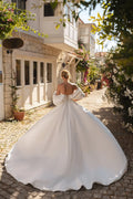 Modern A-Line Bridal Dress with Off-the-Shoulder Sleeves, Open Neckline, and Natural Waistline