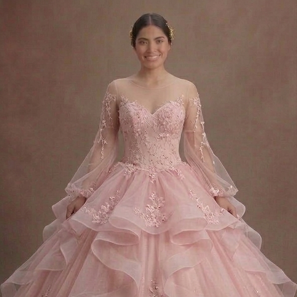 Ethereal Pink Quinceañera Dress Sheer Sleeve Lace Style