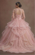 Ethereal Pink Quinceañera Dress Sheer Sleeve Lace Style