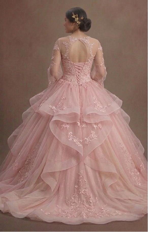 Ethereal Pink Quinceañera Dress Sheer Sleeve Lace Style