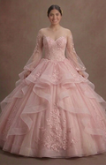 Ethereal Pink Quinceañera Dress Sheer Sleeve Lace Style