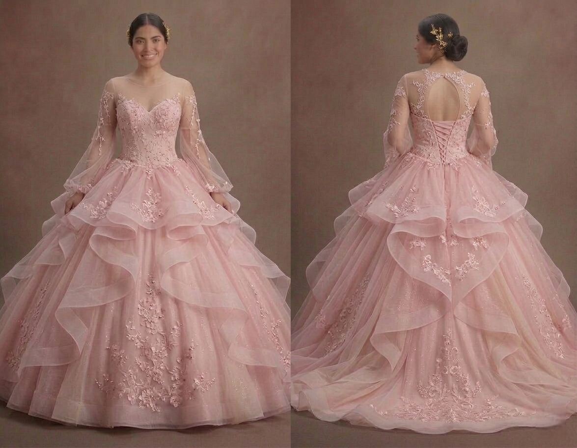 Ethereal Pink Quinceañera Dress Sheer Sleeve Lace Style