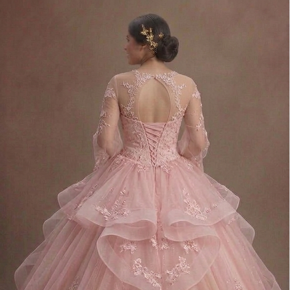 Ethereal Pink Quinceañera Dress Sheer Sleeve Lace Style
