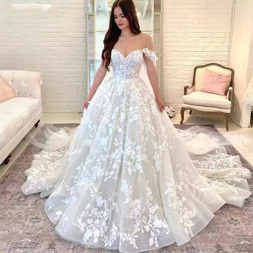 Princess Boho Wedding Dresses For Women Off the Shoulder Sweetheart Lace Appliques Bridal Gown Ball Gown