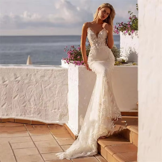 Vestidos De Novia De sirena De lujo para mujer, vestido De Novia con tirantes finos y espalda abierta De encaje con cuello en V, Vestidos De Novia