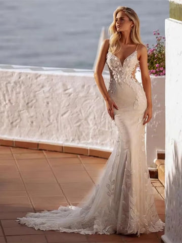 Vestidos De Novia De sirena De lujo para mujer, vestido De Novia con tirantes finos y espalda abierta De encaje con cuello en V, Vestidos De Novia