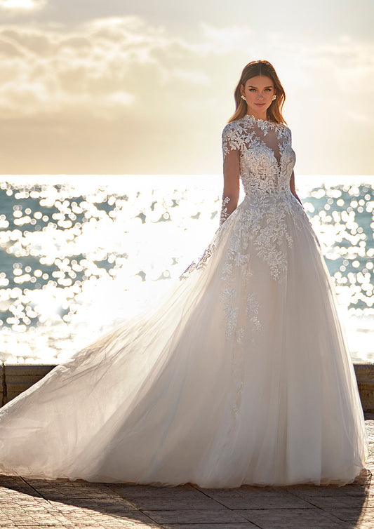 Vestidos de novia de princesa con cuello alto, Apliques de encaje de manga larga, vestidos de novia con botones modernos, vestido de novia con espalda descubierta ilusión