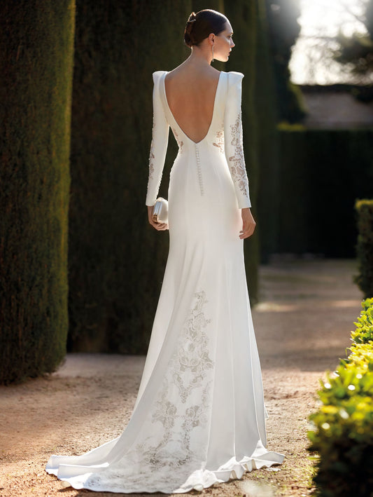 Elegant Backless Mermaid Wedding Dresses Sweep Train Long Sleeve Jewel Neck White Stretch Satin Fabric Bridal Gown