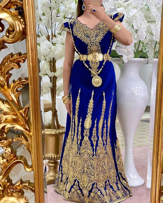 Royal Blue Velvet Mermaid Evening Dress Algerian Badranne Lace Applique Muslim Formal Prom Gown Vestidos De Gala