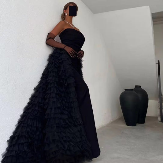 Mature Black Saudi Arabic Evening Dresses Strapless A-Line Formal Women Prom Party Gowns Special Occasion Dresses