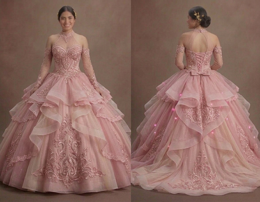 Fairytale Pink Quinceañera Dress Tiered Organza Ruffles