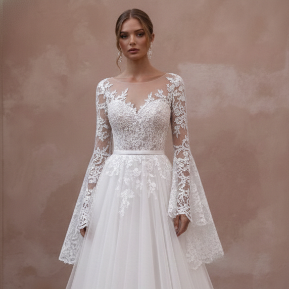 Flare Sleeve Wedding Dress 70s Boho Long Lace Bridal Wear