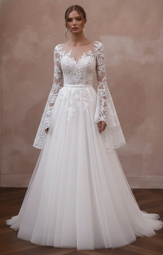 Flare Sleeve Wedding Dress 70s Boho Long Lace Bridal Wear