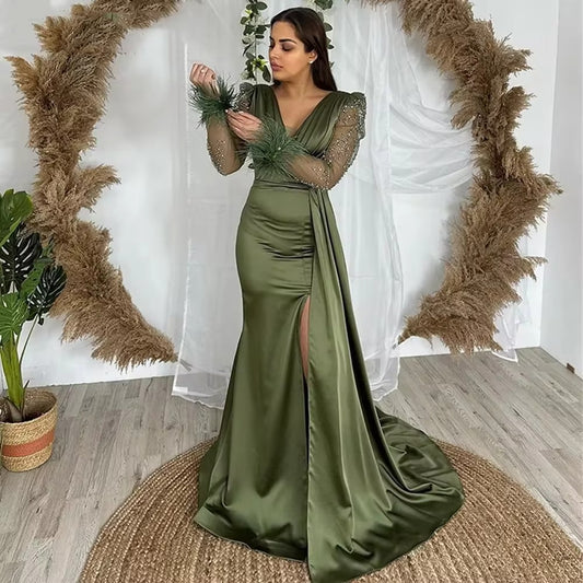 Olive Green Mermaid Evening Dresses Beaded Long Sleeves Prom Gowns With Feathers Side Slit Formal Party Event Gowns