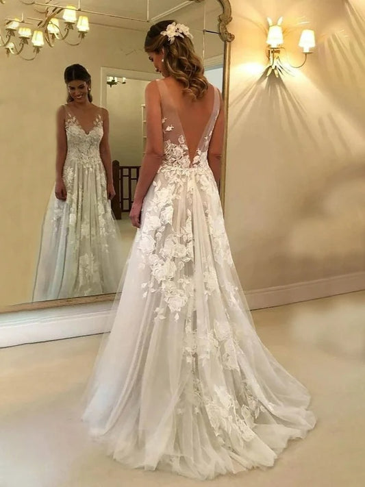 Bohemian Wedding Dress Sexy Deep V-neck Lace Robe De Mariée Appliques Sleeveless Vestidos De Novia