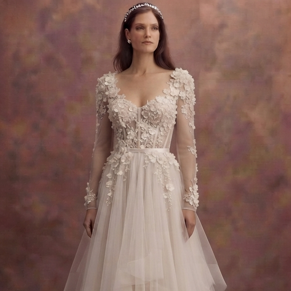 Floral Appliqué Tulle Wedding Dresses with Soft Layers