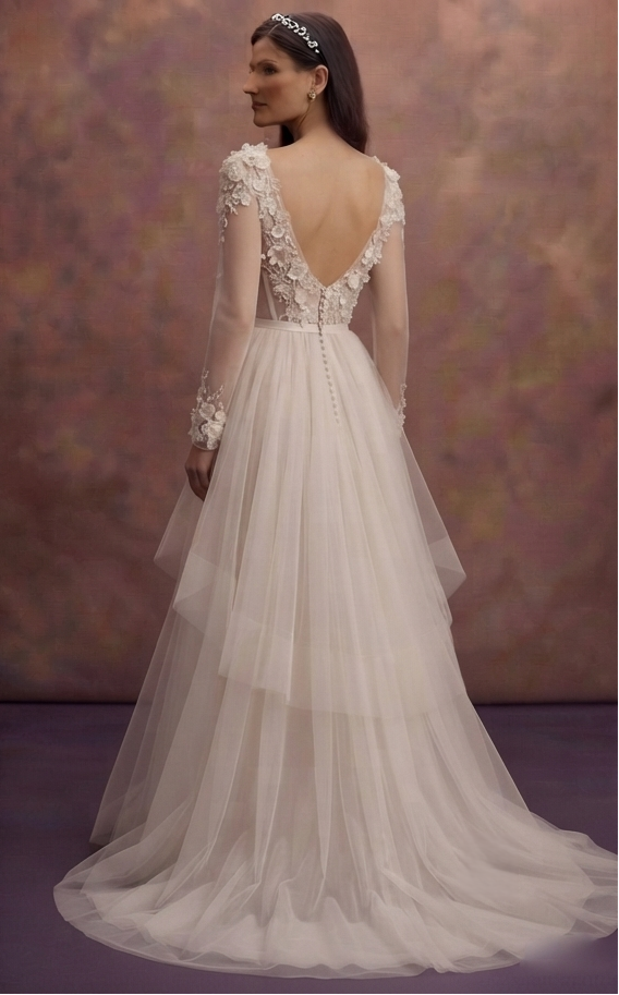 Floral Appliqué Tulle Wedding Dresses with Soft Layers