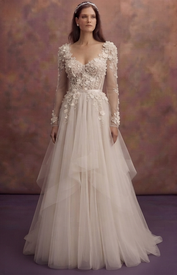 Floral Appliqué Tulle Wedding Dresses with Soft Layers