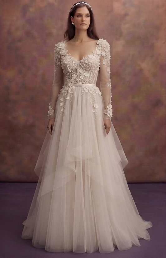 Floral Appliqué Tulle Wedding Dresses with Soft Layers