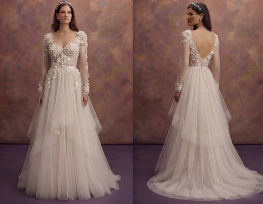 Floral Appliqué Tulle Wedding Dresses with Soft Layers