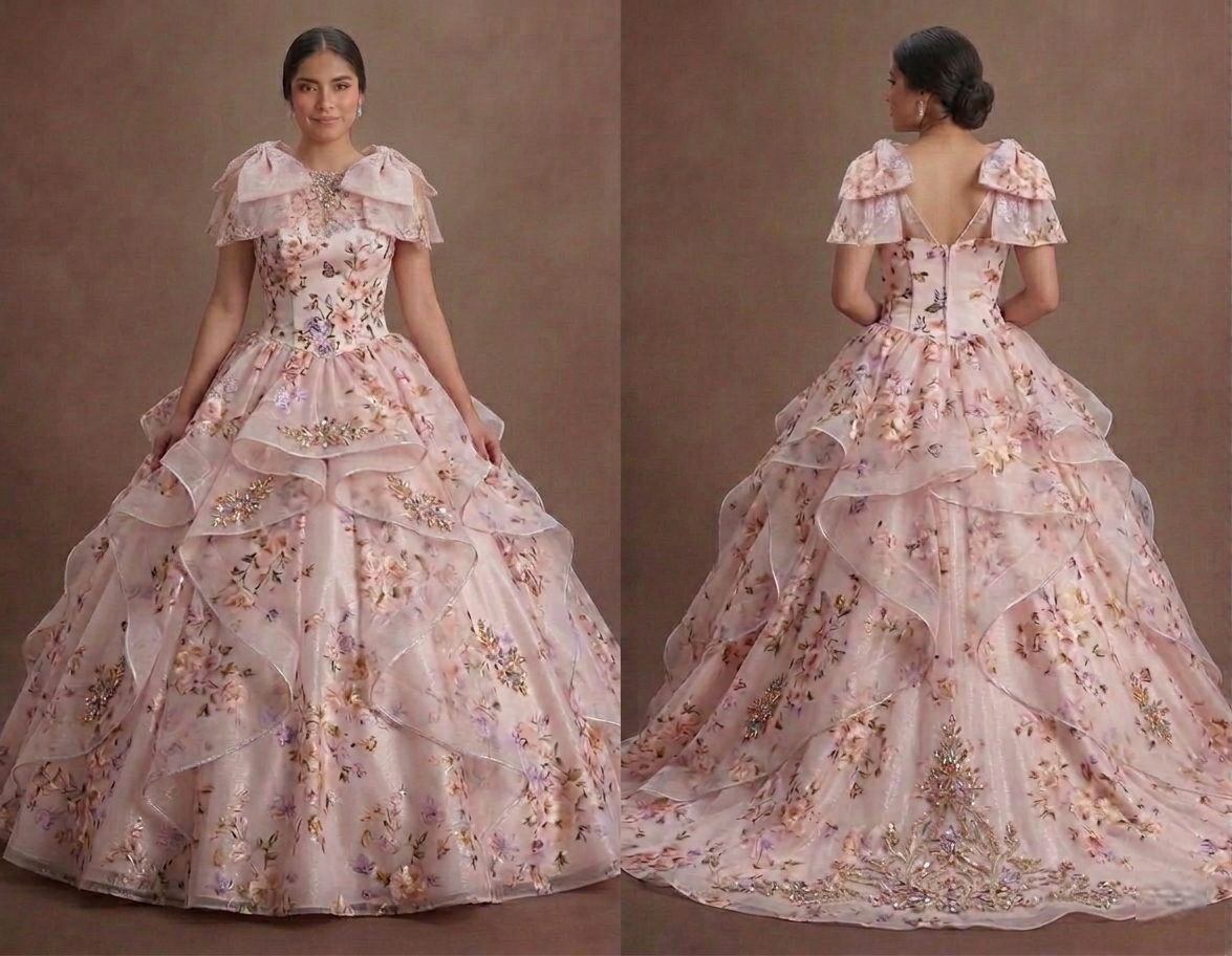 Floral Print Pink Quinceañera Dress for Garden Parties