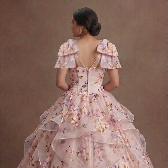 Floral Print Pink Quinceañera Dress for Garden Parties