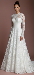 Floral Wedding Dress Subtle Long Embroidery Lace Bridal