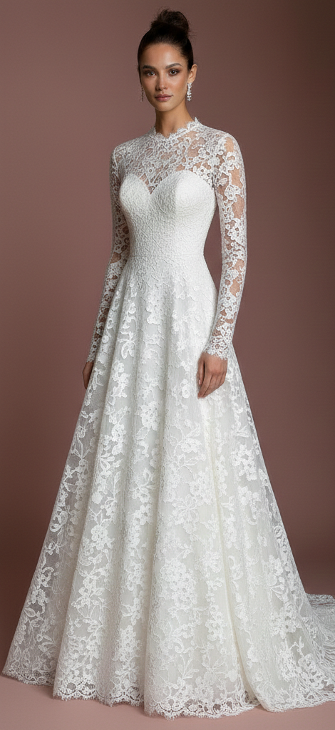 Floral Wedding Dress Subtle Long Embroidery Lace Bridal