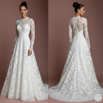Floral Wedding Dress Subtle Long Embroidery Lace Bridal