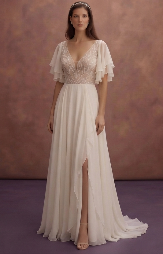 Flutter Sleeve Wedding Dresses with Chiffon Elegance