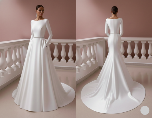 Formal Satin Wedding Dress With Pockets Long Boat Neck Bridal