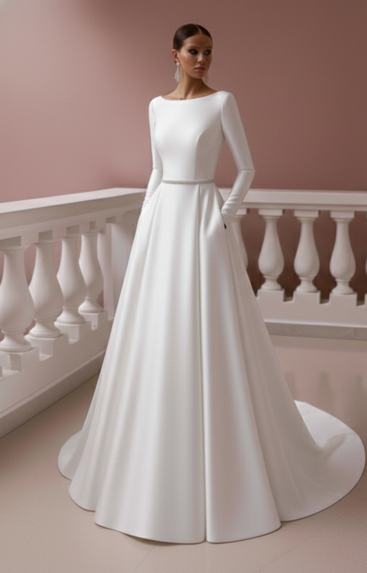 Formal Satin Wedding Dress With Pockets Long Boat Neck Bridal