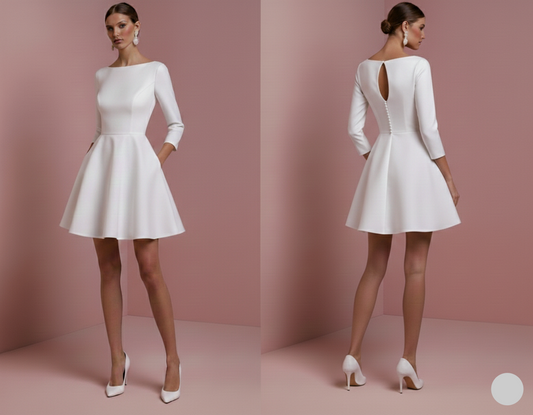 Formal Satin Wedding Dress With Pockets Short Boat Neck Bridal