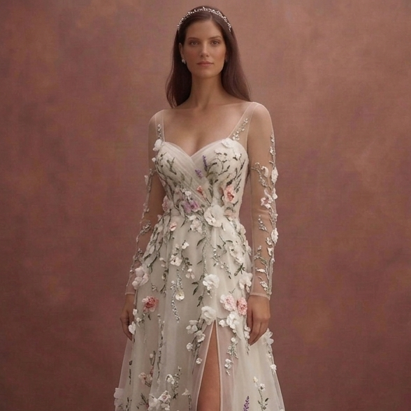 Garden Bridal Dresses with Floral Organza Appliqués