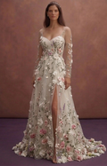 Garden Bridal Dresses with Floral Organza Appliqués