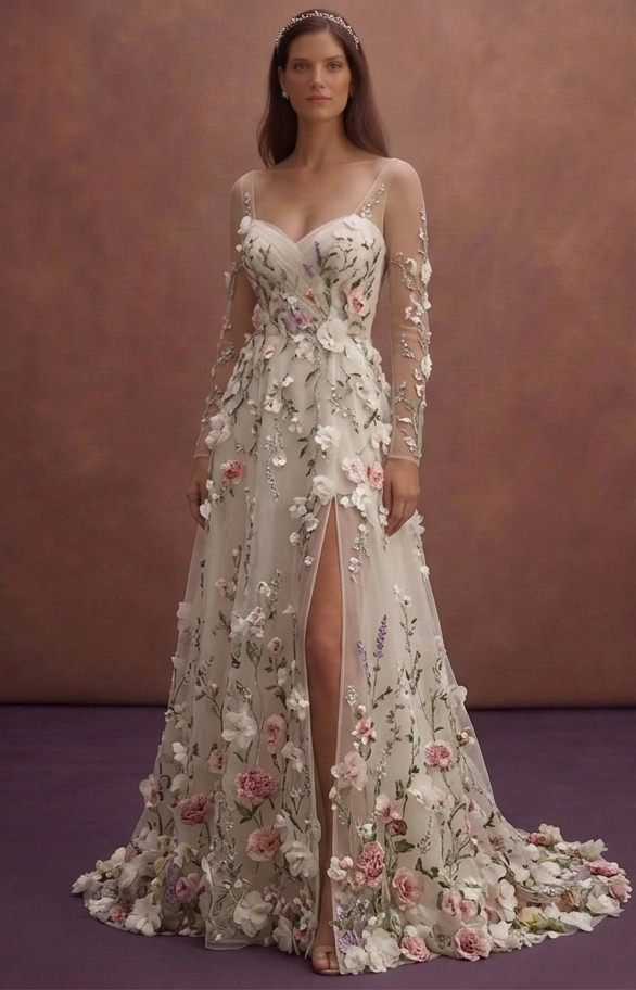 Garden Bridal Dresses with Floral Organza Appliqués