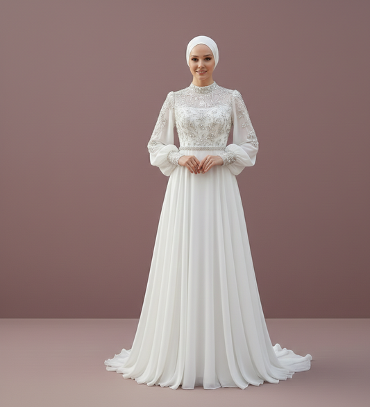 Woman wearing a white lace wedding dress against a brown background