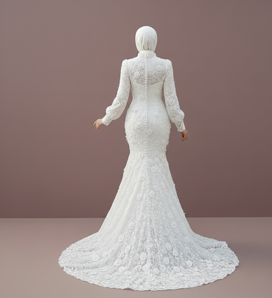 Tea Rose Muslim Wedding Dress Floral Modest Lace Mermaid Wedding Dress