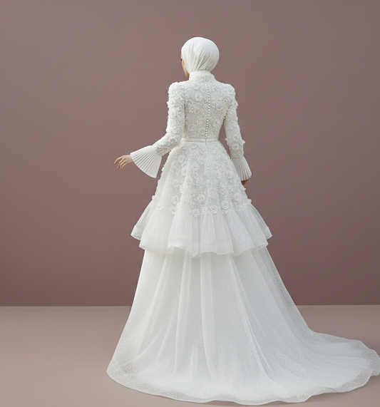 White wedding dress with a hijab on a plain background