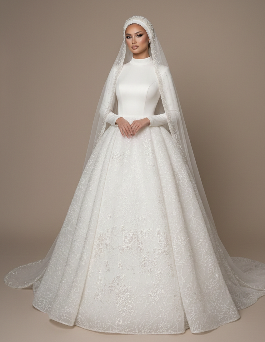 Modest Long Sleeve Lace Wedding Dress Muslim Bridal Gown High Neck