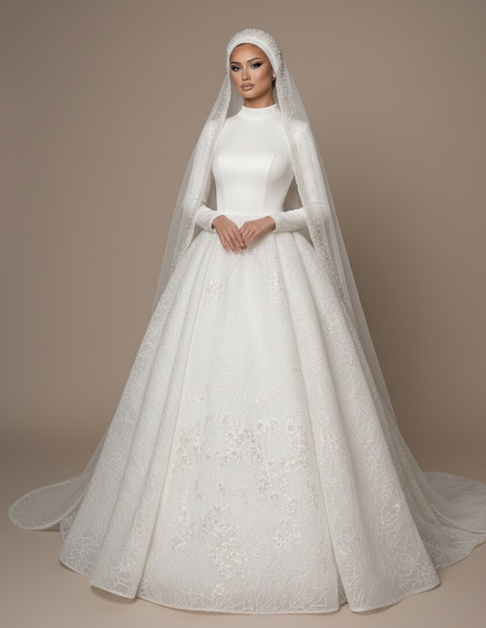 Modest Long Sleeve Lace Wedding Dress Muslim Bridal Gown High Neck