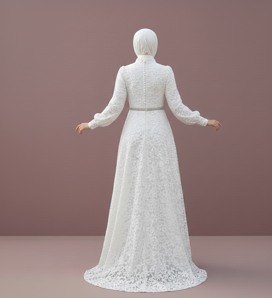 White lace dress worn by a mannequin against a pink background