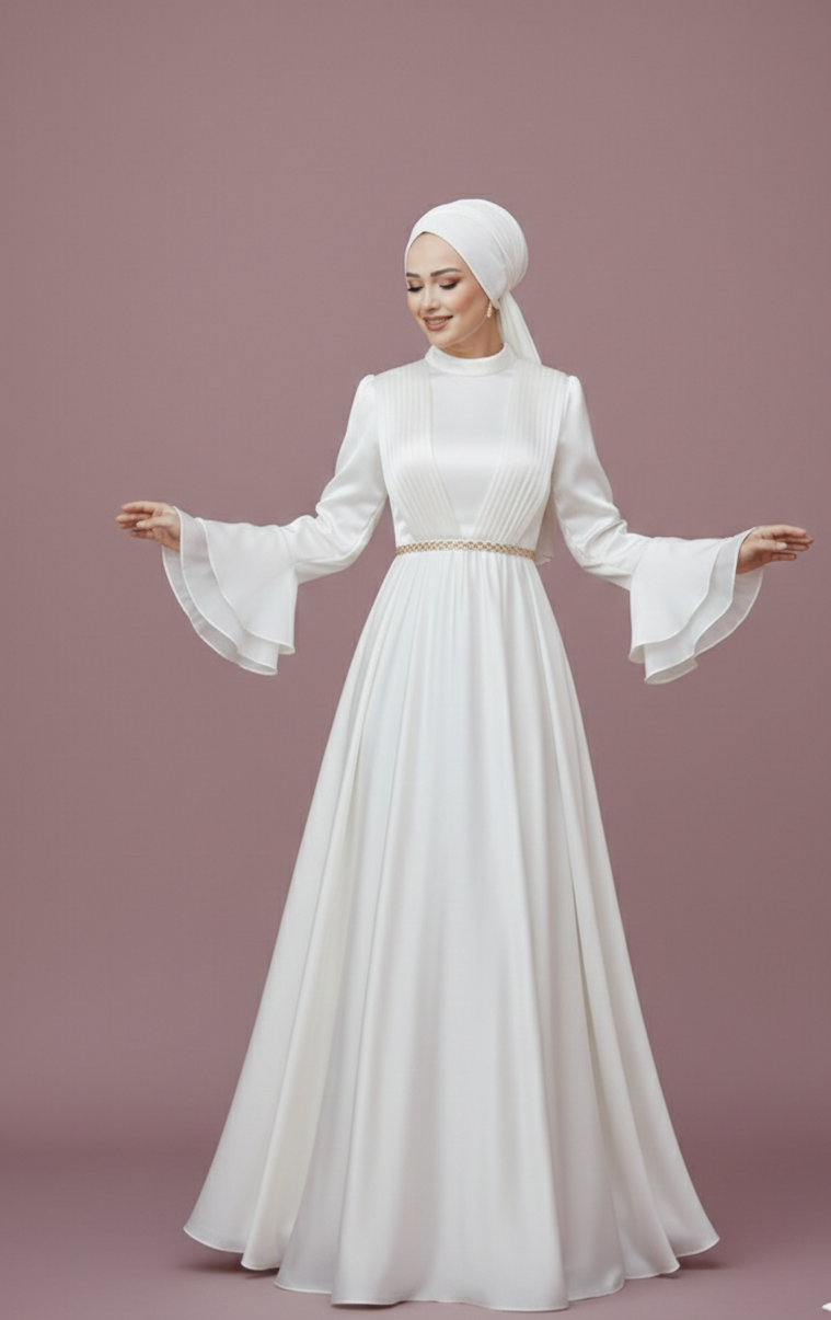 Simple Muslim Wedding Dress No Slit Long Sleeve Modest Bridal Gown