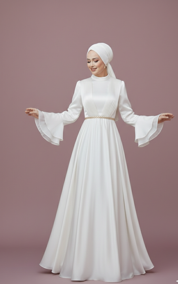 Simple Muslim Wedding Dress No Slit Long Sleeve Modest Bridal Gown