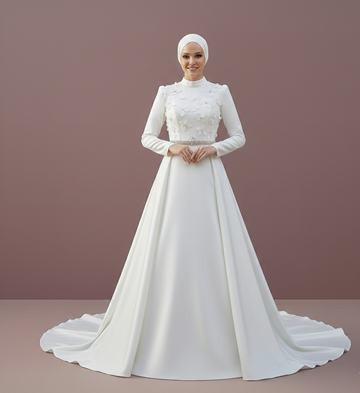 Woman wearing a white wedding dress with a long train on a brown background