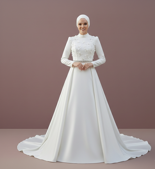 Woman wearing a white wedding dress with a long train on a brown background