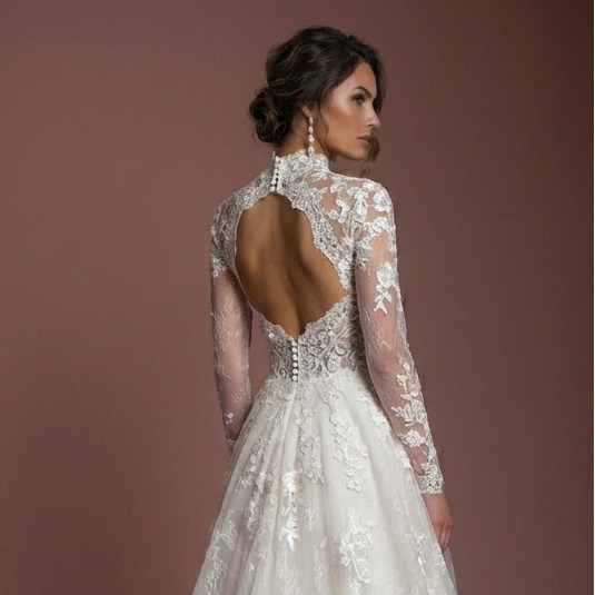Long Sleeve Lace Wedding Dress Elegant A-Line Bridal Gown